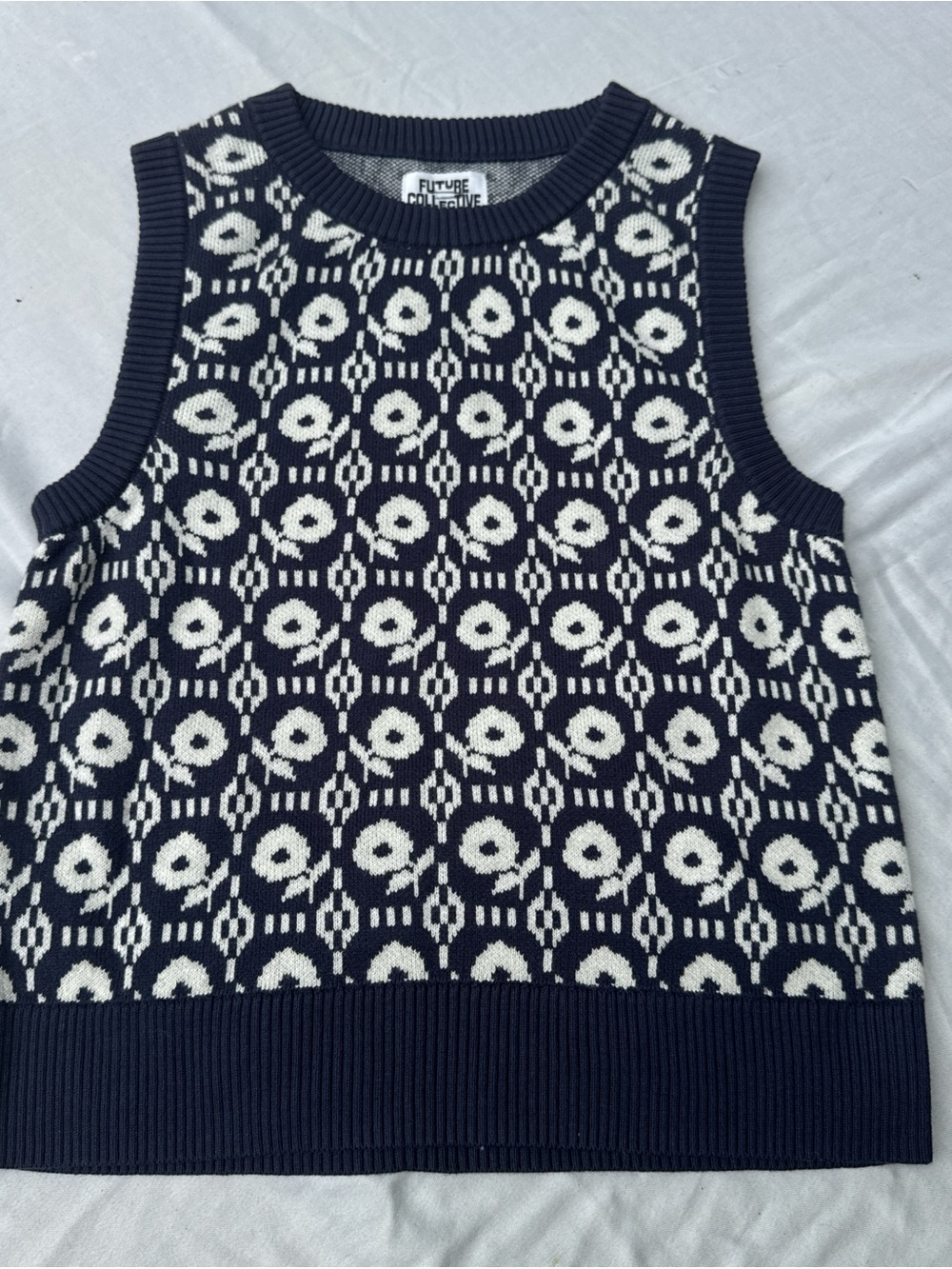 Future Collective Navy & White Floral-Pattern Knit Sweater Vest